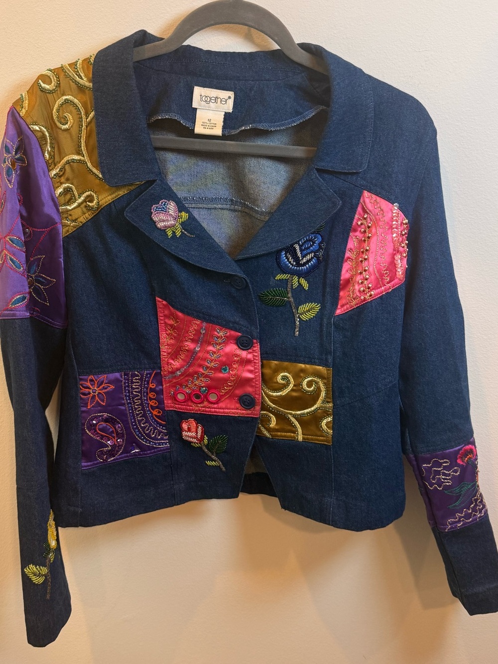 Together Patchwork Embroidered Denim Jacket Size 12 Boho Y2K